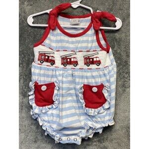 Dash Of Glitter Baby Girl Fire Truck  Summer One Piece, Romper Size 18-24 Months